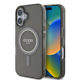 Guess IML Glitter Ring MagSafe Case Cover für iPhone 16 - Schwarz